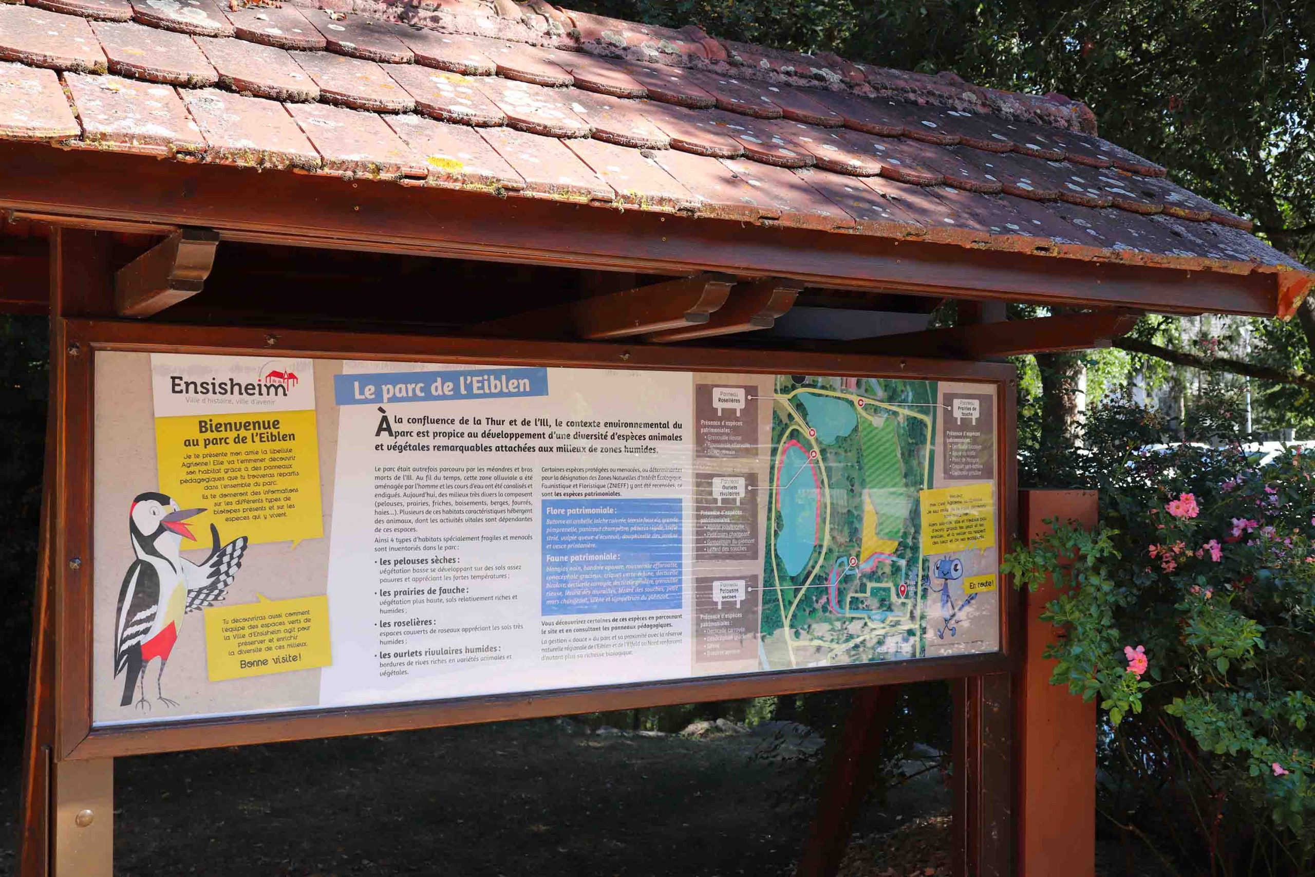 Panneau d'accueil du sentier pédagogique du parc de l'Eible, devant le parc à cigognes